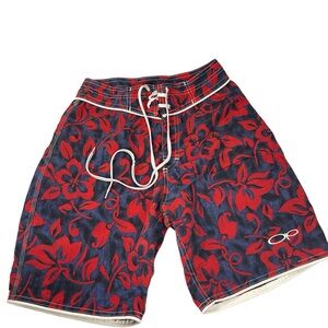 Vintage OP ocean pacific swim trunks 24” red and blue Hawaiian boxCV